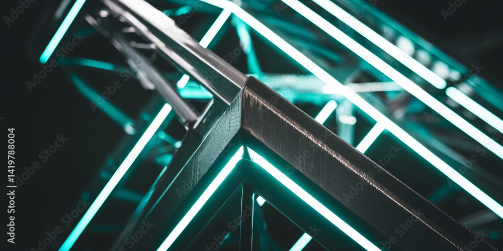 Poster Close-up of metallic structure with turquoise neon lights, creating geometric pattern.  Modern, abstract design showcasing sharp lines and vibrant glow, ideal for technology or futuristic concepts