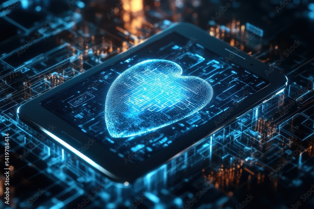 Poster digital heart illuminated on a smartphone screen amidst a circuit board background