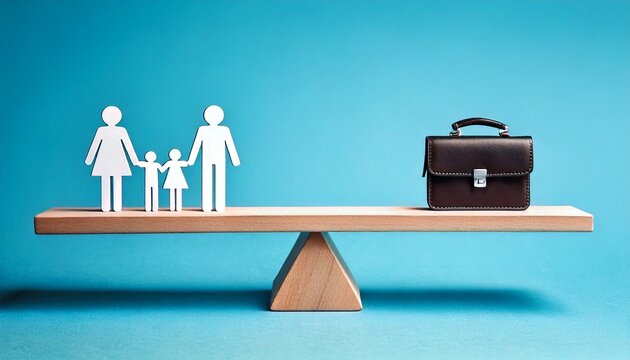 A symbolic image of work-life balance: a miniature family figure on one side of a scale, with a briefcase on the other