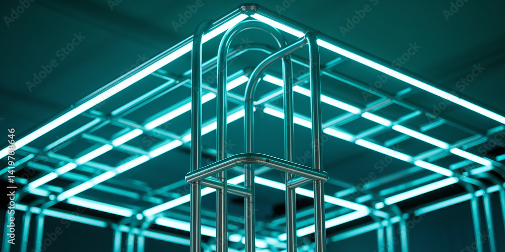 Poster Abstract image of metallic structure with teal neon lighting, creating a modern and geometric design, showcasing a clean and minimalist aesthetic, ideal for technological or architectural concepts