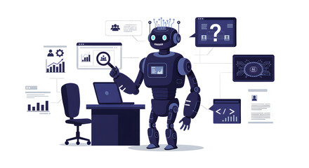 Robot character uses automation marketing tools, answer questions trough AI search technology and assist with coding. Artificial intelligence in business concept set. Vector illustration