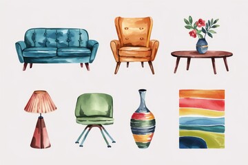 Watercolor illustrations of mid-century modern furniture and decor.