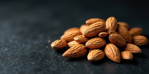 Heap of almonds on textured black surface, negative space , macro, rich