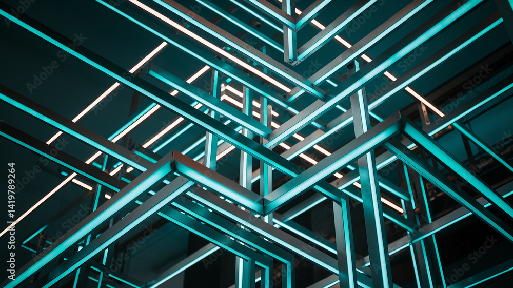 Poster Abstract image of intersecting teal and white illuminated beams, creating a complex geometric pattern, showcasing modern architecture and design, ideal for tech or futuristic themes