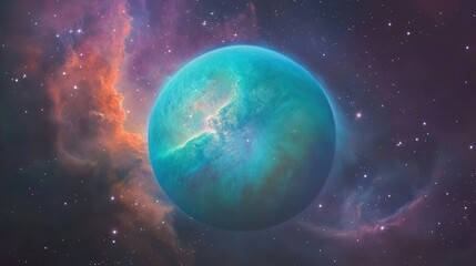 Obraz premium Stunning cosmic scene featuring a blue planet surrounded by colorful nebulae in the vast universe.