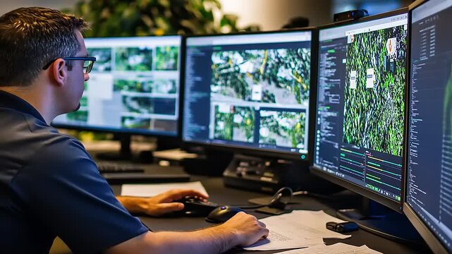 Man analyzing satellite images on multiple monitors in a modern office with greenery in the background
