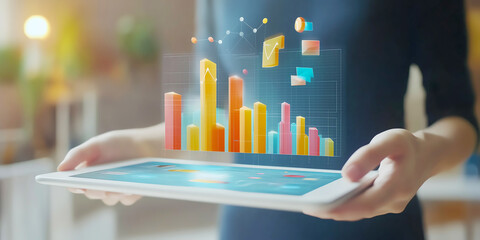 3D pension report on a floating business tablet screen featuring customizable financial charts and KPIs