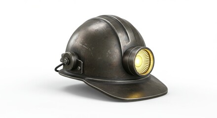 Obraz premium Weathered Mining Helmet with Headlamp on White Background