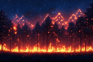 Fototapeta premium Intense Forest Fire Illuminates Night Sky with Fiery Glow and Starry Backdrop, Creating a Dramatic and Eerie Natural Scene