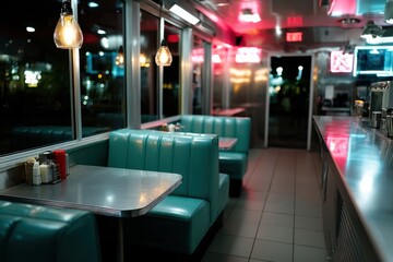 Fototapeta premium An appealing image of vibrant teal booths in a retro diner illuminated by stylish hanging lights, creating a cozy and inviting atmosphere for diners.