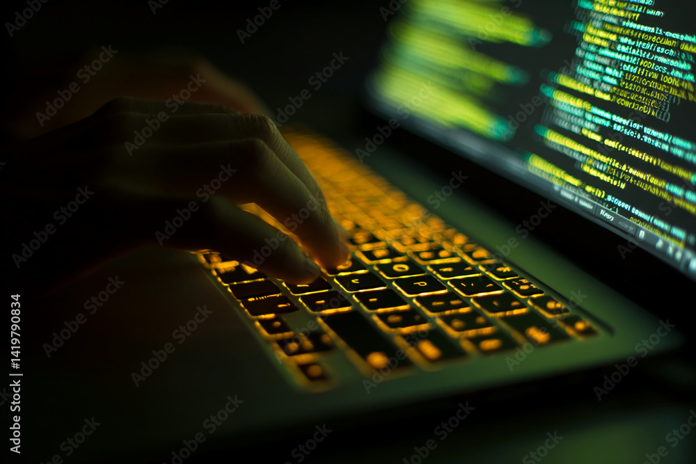 Poster close-up of hands typing on illuminated laptop keyboard, displaying lines of code on screen, suggest