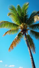 Luminous palm, vibrant hues against azure sky, night scene, summer night, bright colors