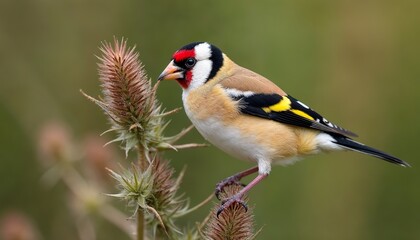 European Goldfinch Macro on Thistle with Red Face and Gold Wing Feathers

