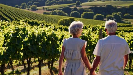 Mature husband and wife in sunny day calmly strolling through vibrant green vineyard, peaceful emotions of contentment, romantic leisure, symbolizes retirement and wellness themes - Powered by Adobe