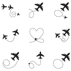 Naklejka premium Airplane line path travel line icon set. Airplane path in dotted line shape. Airplane routes set. Romantic travel, heart dashed line trace and plane routes Vector Black silhouettes.