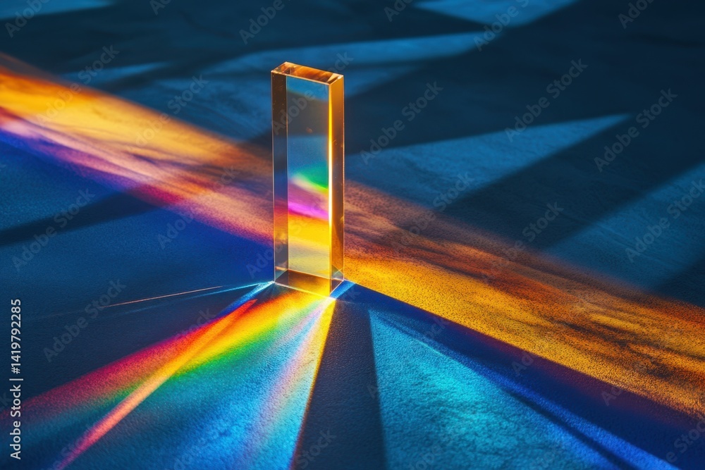 Poster Light refracting through a prism creating a colorful spectrum on a surface