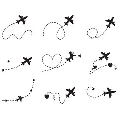 Airplane line path travel line icon set. Airplane path in dotted line shape. Airplane routes set. Romantic travel, heart dashed line trace and plane routes Vector Black silhouettes.