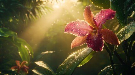 A Beautiful Orchid Flower in Sunlight with Raindrops on Its Petals