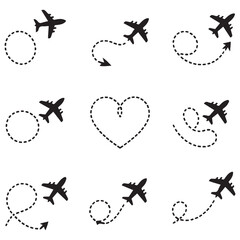 Airplane line path travel line icon set. Airplane path in dotted line shape. Airplane routes set. Romantic travel, heart dashed line trace and plane routes Vector Black silhouettes.