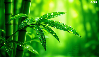 Fresh Bamboo Leaves with Water Droplets