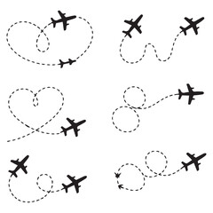 Airplane line path travel line icon set. Airplane path in dotted line shape. Airplane routes set. Romantic travel, heart dashed line trace and plane routes Vector Black silhouettes. © firoz
