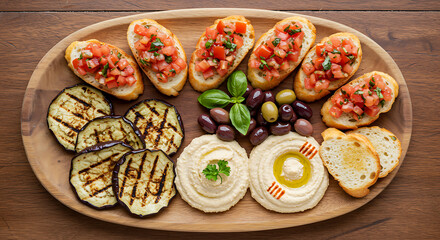 Mediterranean Platter: A wooden platter featuring bruschetta, grilled eggplant, hummus, and olives, offering a fresh and flavorful appetizer selection.