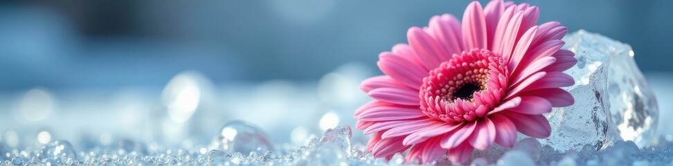 Pink gerbera encased in ice, abstract frozen floral , background, sharp