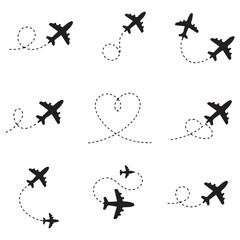 Airplane line path travel line icon set. Airplane path in dotted line shape. Airplane routes set. Romantic travel, heart dashed line trace and plane routes Vector Black silhouettes.