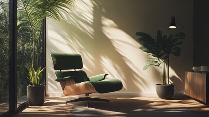 Fototapeta premium Elegant green armchair bathed in soft natural light amidst indoor plants, creating a cozy and serene atmosphere of comfort.