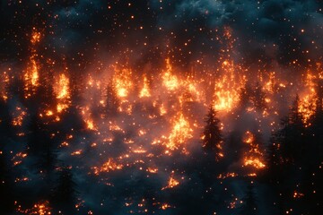 Naklejka premium Dramatic forest fire rages at night, illuminating trees and sparking an intense, dangerous wildfire landscape