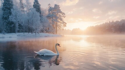 Serene winter sunrise over a frozen lake with a swan.