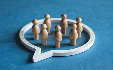 Wooden Figures in a Speech Bubble Communication, Community, and Shared Ideas on Blue Textured Background