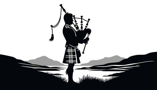 Bagpiper in Kilt Playing Against Scenic Mountain Background  