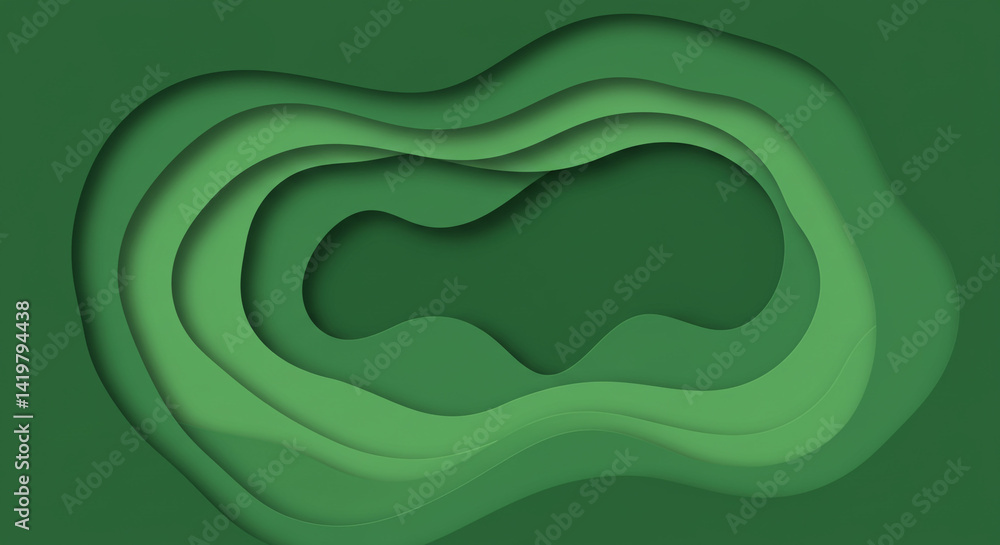 Poster abstract green layered paper cut design with varying shades and organic shapes creating depth effect
