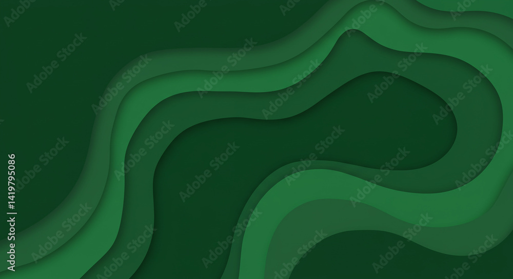 Poster a green layered abstract background with flowing shapes and varying shades of green color palette