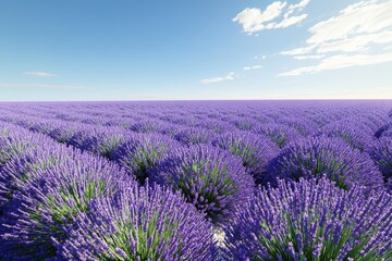 Lavender fields in full bloom under a clear blue sky during summer