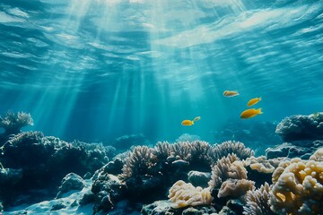 Naklejka premium Vibrant Underwater Scene with Sunlight Filtering Through a Blue Ocean Illuminating Colorful Coral