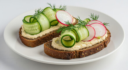 Artistic open-faced sandwiches with hummus, cucumber spirals, radish slices, and dill sprigs, plated on a white dish for a healthy bite.