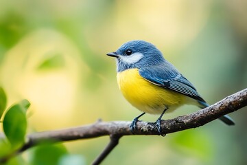 Fototapeta premium Vibrant Yellow And Blue Bird Perched On Brown Branch Against Blurry Green Background