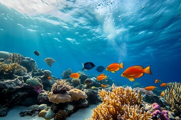 Naklejka premium Vibrant Underwater Scene Showcasing Coral Reefs and Diverse Fish in Sunlight
