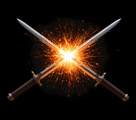 Naklejka premium Two swords clashing, creating a fiery explosion on contact. Isolated on a transparent layer, sparks and heat visible.