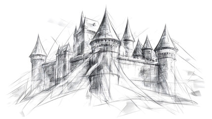 Naklejka premium A sketched imposing castle with pointed towers and strong walls rendered in a linear expressive style against a white backdrop.