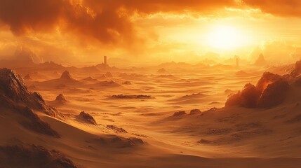 Naklejka premium Epic desert landscape, fiery sunset, ancient ruins, vast desolation