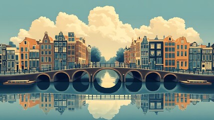 Flat minimalist art of Amsterdam&rsquo;s canal with an arched bridge in center, buildings mirrored in water, simplified cloudy sky, teal and beige tones, symmetry focus, graphic design layout, hd quality,