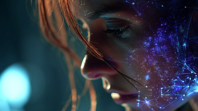 Close-up of a woman's face overlaid with a glowing network, suggesting digital connection or technological integration, symbolizing futuristic technology and human interaction
