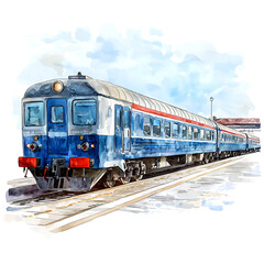 Fototapeta premium Watercolor illustration of a blue and white train on tracks at a station with cloudy sky background.