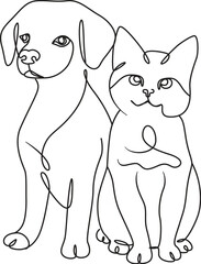 Dog and cat couple portrait line art drawing. 