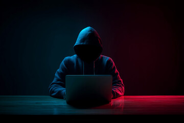 Hooded figure illuminated by blue and red light, seated at a table using a laptop, creating a mysterious and enigmatic atmosphere, symbolizing anonymity, cybersecurity, or digital privacy