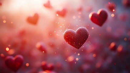 Obraz premium Abstract glowing heart composition with floating red hearts and light bursts on dreamy pink background 