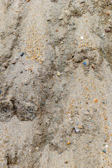 Close-up of sandy beach surface with pebbles and texture